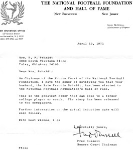 The official 1971 letter announcing Francis Schmidt's induction into the College Football Hall of Fame.  Courtesy of Caroline Cain.